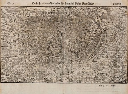 Antike Landkarten, Münster, Ägypten, Kairo, 1574: Warhaffte abcontrafehtung der Mechtigen und Vesten Statt Alkair